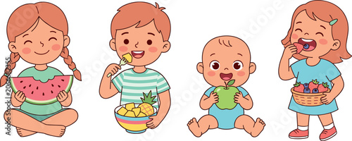 Photos Cute Happy Children and Toddlers Eating Healthy Fresh Fruits Set Vector Illustra