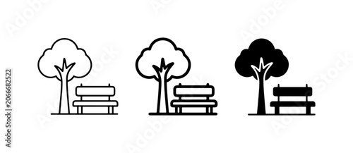 Obraz na płótnie Park Bench and Tree Icons: Outline, Filled, Silhouette, Outdoor Recreation, Publ