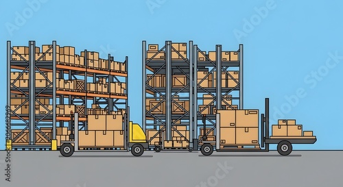 Industrial Warehouse Shelving with Stacked Boxes on Forklift Truck