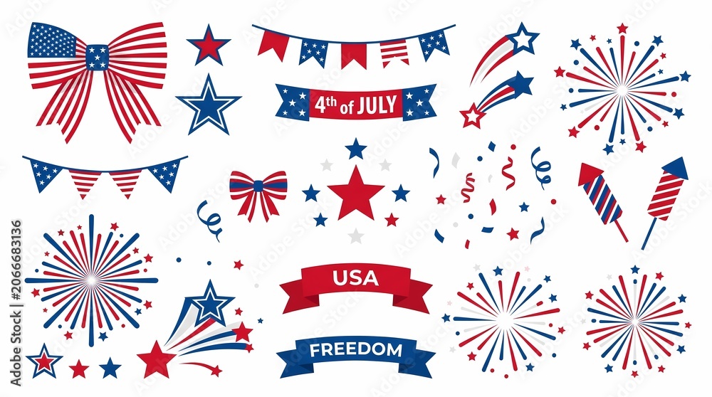 Fototapeta premium Patriotic collection of independence day graphic elements featuring fireworks ribbons bows and stars.