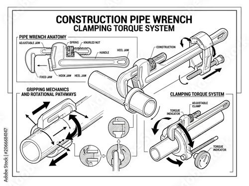 Foto Construction pipe wrench clamping torque system infographic poster