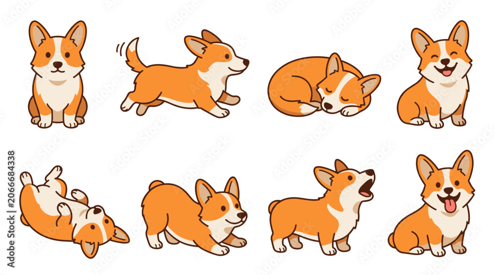 Fototapeta premium Cute corgi dog puppies cartoon character set animating various adorable poses including sitting, running, sleeping, playing, barking, and standing, illustrating pet emotions