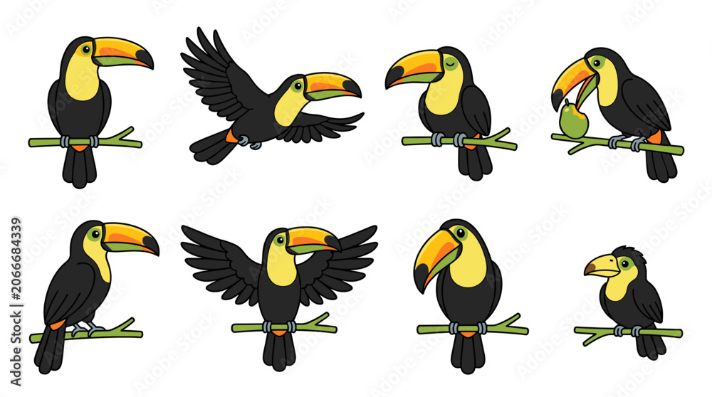 Naklejka premium Cartoon toucans set, iconic tropical birds illustrating various actions like perching, flying, and eating fruit, representing exotic wildlife and nature