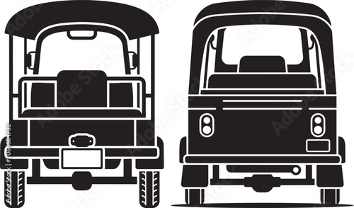 Two tuk tuks front and rear view auto rickshaw three wheeler public transport black and white transport transportation thailand