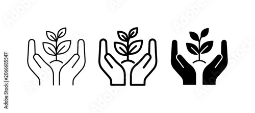 Hands holding seedling, growth, care, sustainability icons. Vector set.