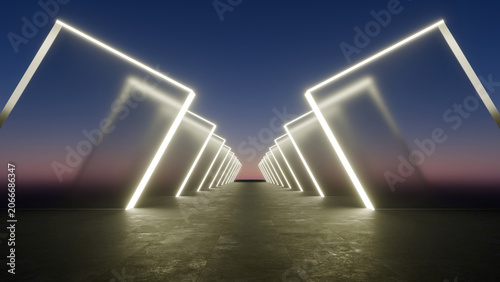 Konstfotografi Abstract 3D futuristic outdoor corridor with glowing neon light gates at sunset,