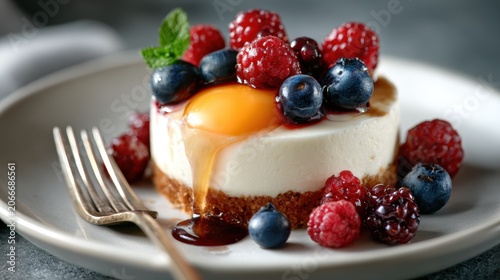 A scrumptious cheesecake adorned with a plethora of fresh berries and a vibrant egg yolk showcases culinary artistry and invites indulgence through its vibrant colors and textures.
