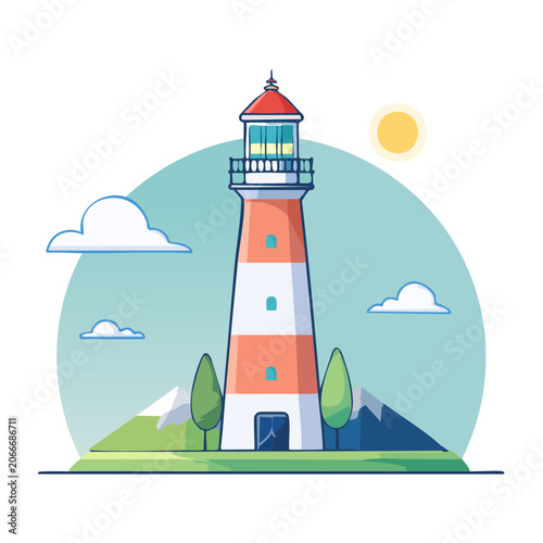 Flat design lighthouse with sun and clouds