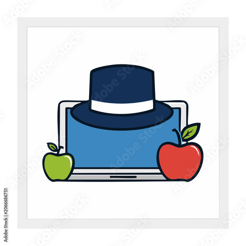 Laptop with graduation hat and apples illustration