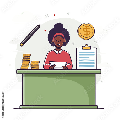 Woman working at desk with money and documents