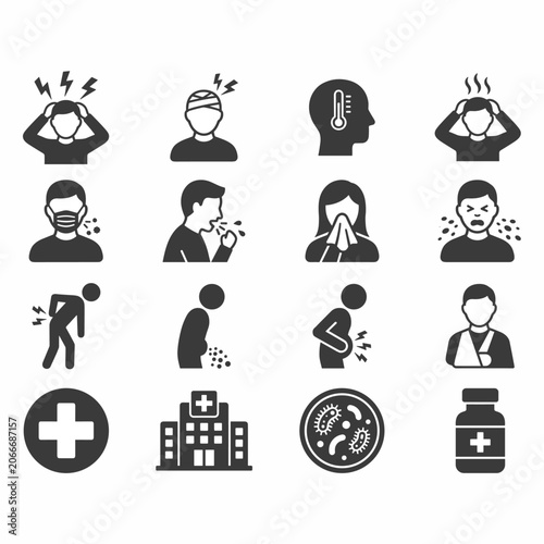 Collection of medical and illness related icons showing symptoms, healthcare facilities, and treatment.