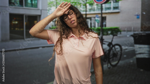 Tableau sur toile Hispanic teenage woman holding hand to neck and wearing glasses on a street near a parked bicycle and building entrance; fatigue discomfort