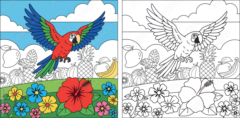 Obraz premium Colorful Parrot Flying Over Tropical Flowers and Fruits - Exotic Summer Scene