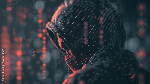 Hooded figure in a digital world cyber security and data protection concept