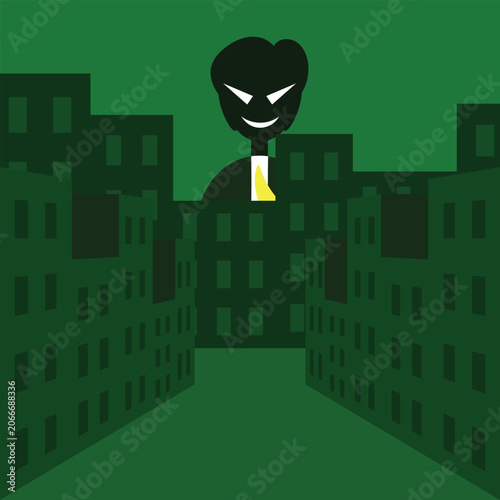 Εκτύπωση καμβά Giant businessman silhouette looking down at the green city street