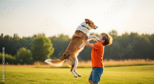Playful Young Boy Lifts on Dog in Sunny Park
