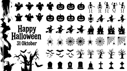 Foto Happy Halloween Silhouette Elements Vector Icon Set