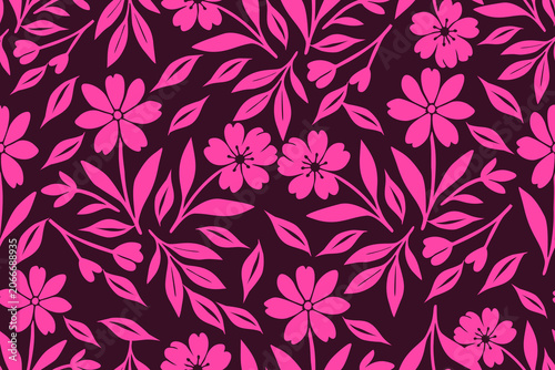 Vibrant seamless floral pattern with bright pink blossoms, leafy branches, and delicate buds on a deep burgundy background, perfect for textiles.