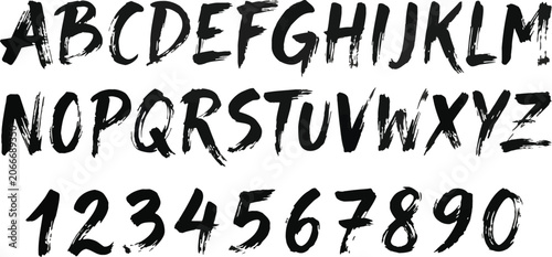 Quadro su tela Hand drawn grunge black brush stroke alphabet letters and numbers vector set iso