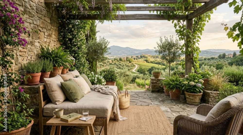 Fototapeta premium Elegant Wellness Routine for Relaxation and Balance, Cozy outdoor seating area with plants and a scenic view of rolling hills.