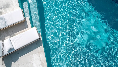 down at a luxury swimming pool, crystal clear turquoise water with sun ripple 