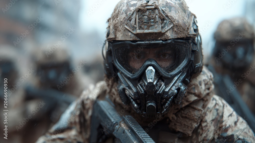 Fototapeta premium An intense depiction of a soldier in muddy gear, fully equipped and focused amidst a battlefield, reflecting themes of resilience, bravery, and the harsh realities of war.