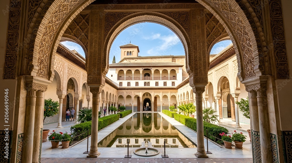 Naklejka premium Alhambra palace courtyard with arched walkway and reflection pool
