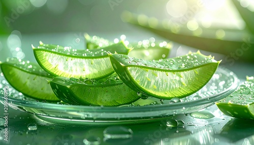 green aloe vera gel slices on a clean glass plate, water droplets, 