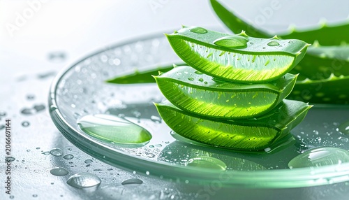green aloe vera gel slices on a clean glass plate, water droplets, 