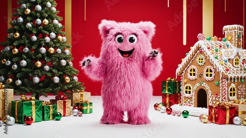 Festive Pink Monster with Christmas Tree and Gingerbread House for holiday ads.