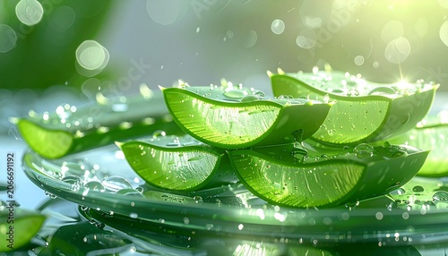 green aloe vera gel slices on a clean glass plate, water droplets, 
