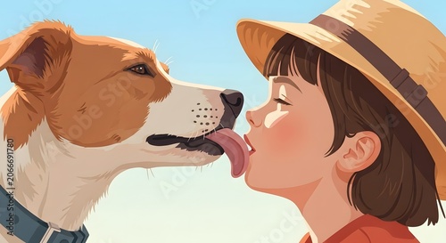 Playful Child Smiling Girl Petting Dog on Sunny Day