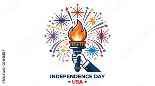 Tableau sur toile Independence Day USA Torch with Fireworks Patriotic Vector Illustration