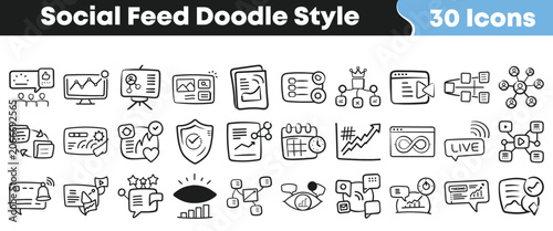 Set of thirty hand drawn social feed icons in doodle style