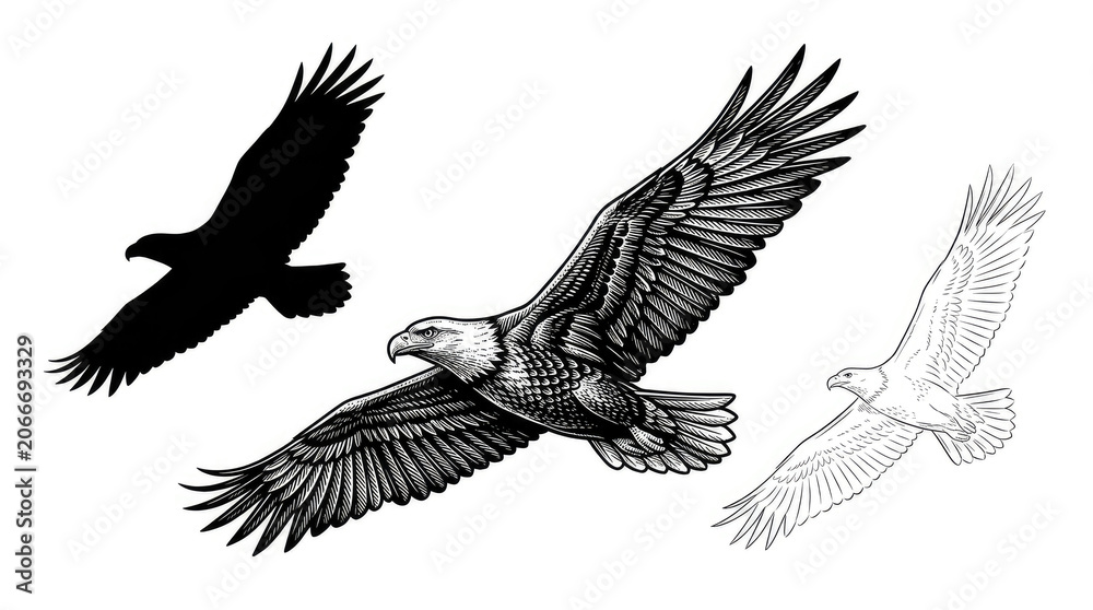 Fototapeta premium Detailed eagle illustrations in flight featuring black silhouette and intricate line art drawing style designs