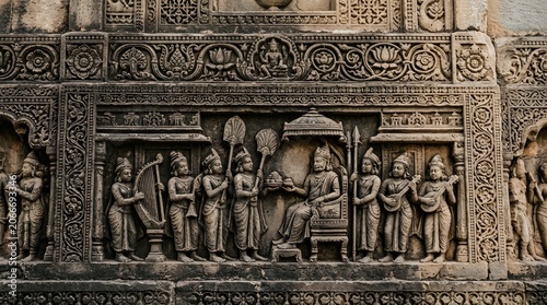 Ancient Indian Stone Carving: Royal Audience Scene, King on Throne, Musicians, Courtiers