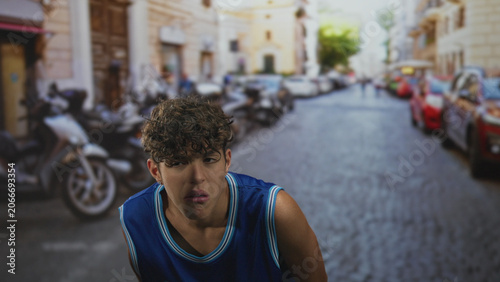 Canvas Print Teenage boy wearing los angeles basketball jersey grimaces with eyes closed while leaning forward on a cobbled street; awkward discomfort