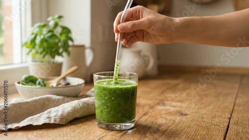 Person stirring fresh green vegetable smoothie with eco-friendly glass straw on wooden kitchen table.