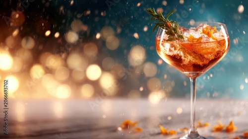 An elegant cocktail glistens in a glass, garnished with herbs, inviting you to enjoy a refreshing drink amidst a backdrop of glamour and celebration.