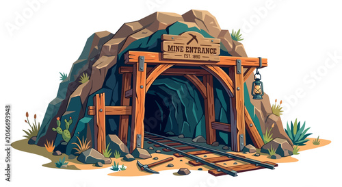 Mine entrance illustration with pickaxes and railway tracks vector graphic