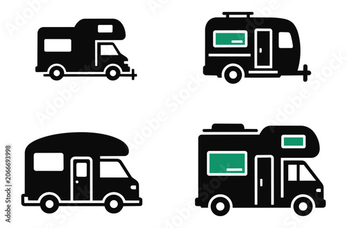 Set of four simple black camper van icons isolated on transparent background illustrating different types of recreational vehicles for travel tourism camping and outdoor adventure trips