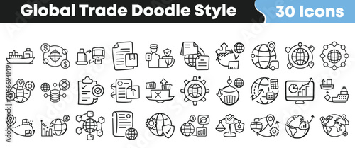 Collection of hand drawn global trade icons in doodle style