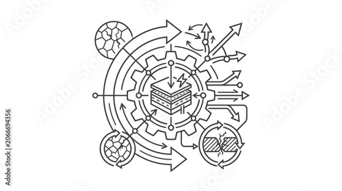 Circular production cycle icon with gear.