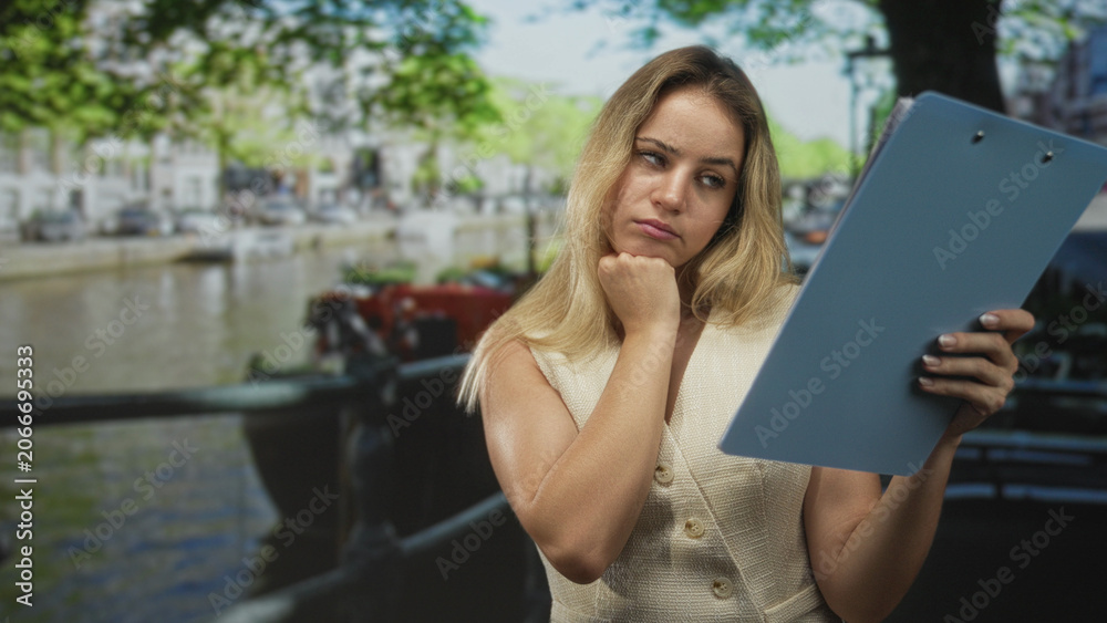 Fototapeta premium Woman holding clipboard and reading it with hand on neck beside canal railing on amsterdam street; contemplation.