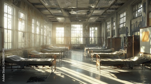 Empty hospital ward filled with sunlight