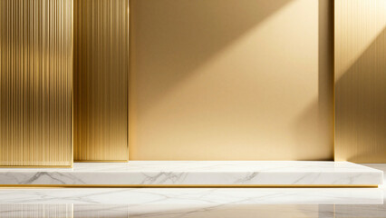 Golden podium with marble and ribbed gold background