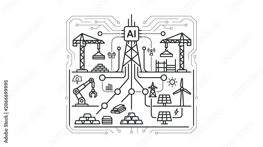 Obraz premium AI construction site logistics and smart infrastructure system diagram.