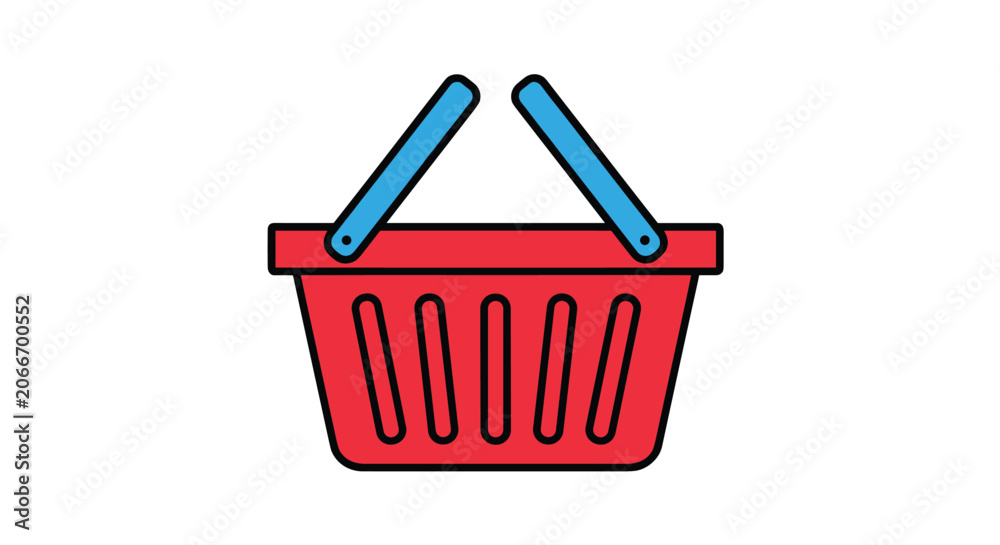 Fototapeta premium Icon of a red plastic shopping basket with blue handles isolated on a white background for retail and commerce.