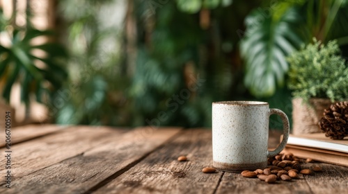 A serene image of a steaming coffee mug placed on a rustic wooden table, surrounded by greenery, capturing a moment of warmth, comfort, and connection to nature.