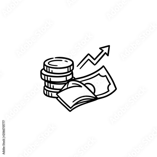 Stack of coins and paper money.